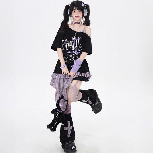 Subculture Fashion Plaid Patchwork Off-shoulder T-shirt