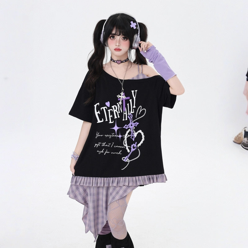 Subculture Fashion Plaid Patchwork Off-shoulder T-shirt