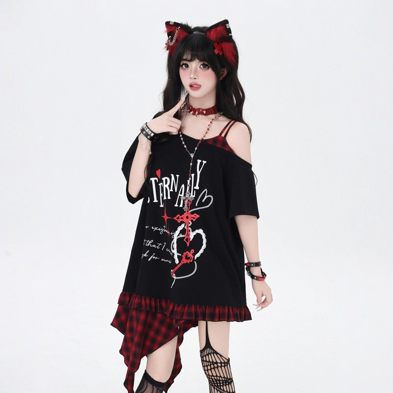Subculture Fashion Plaid Patchwork Off-shoulder T-shirt