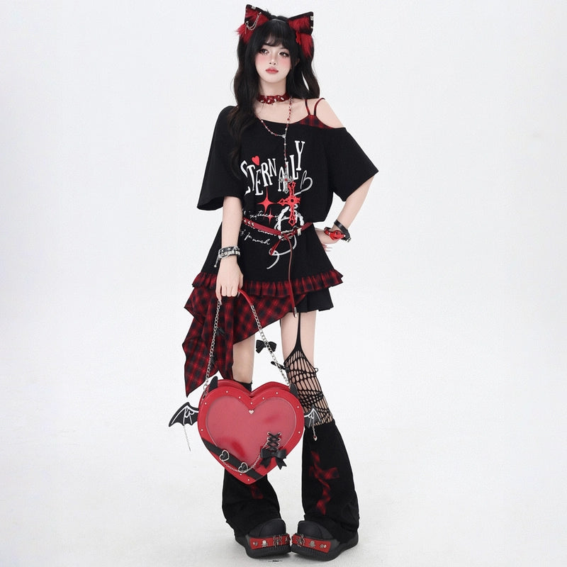 Subculture Fashion Plaid Patchwork Off-shoulder T-shirt
