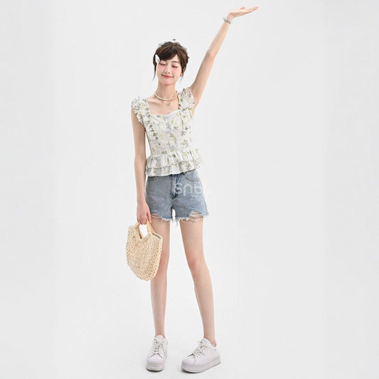 Summer All-match Blue High Waist Denim Shorts