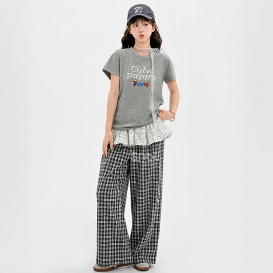 Summer All-match Navy Blue Plaid Wide Leg Pants