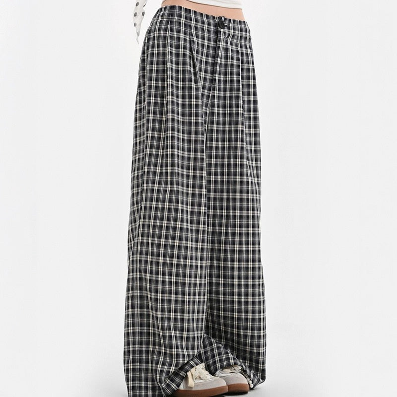 Summer All-match Navy Blue Plaid Wide Leg Pants
