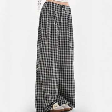 Summer All-match Navy Blue Plaid Wide Leg Pants