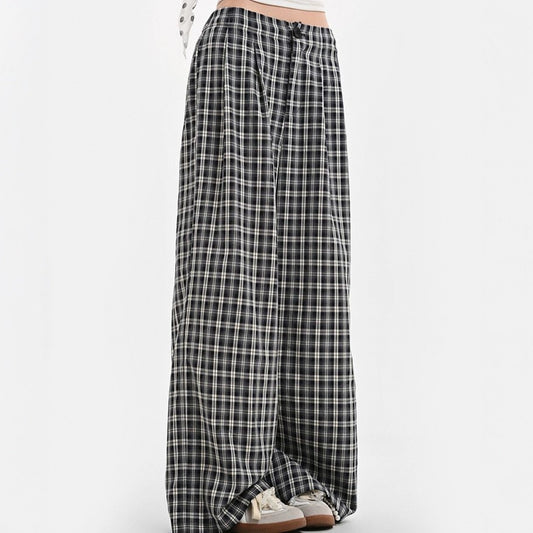 Summer All-match Navy Blue Plaid Wide Leg Pants