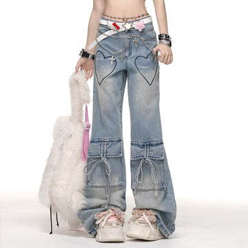 Summer American Blue Heart Shape Printed Straight Jeans