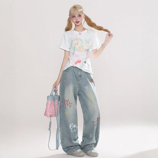 Summer American Retro Cartoon Embroidered Jeans