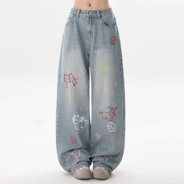 Summer American Retro Cartoon Embroidered Jeans