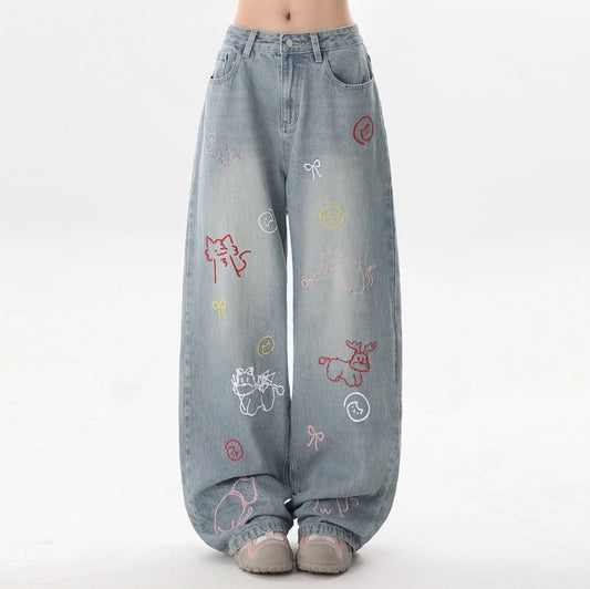 Summer American Retro Cartoon Embroidered Jeans