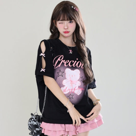 Summer American Sweet Cool Style Off-shoulder Bear Print T-shirt