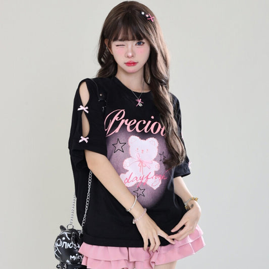 Summer American Sweet Cool Style Off-shoulder Bear Print T-shirt