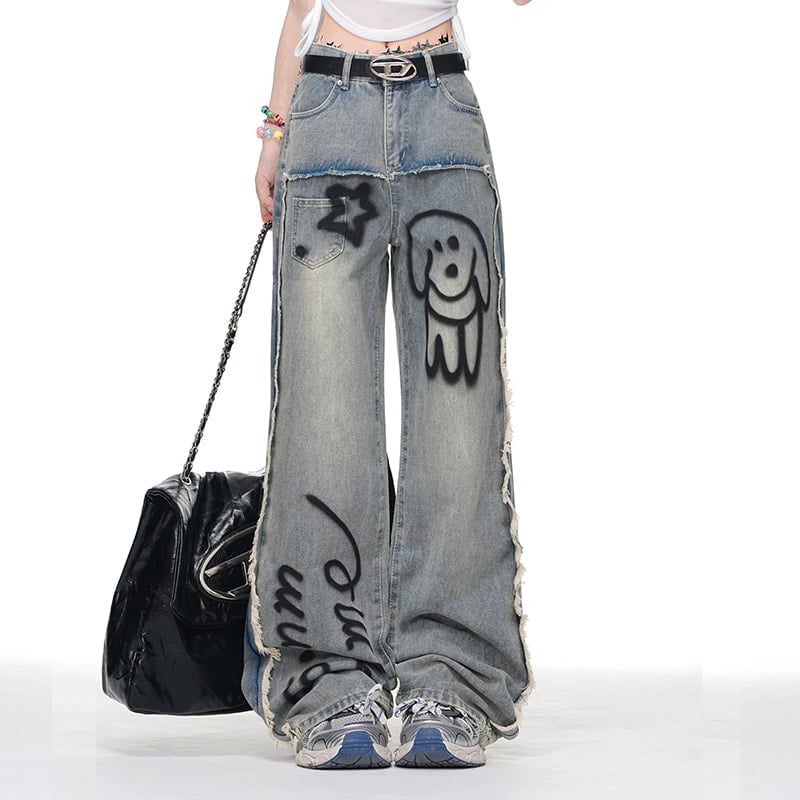 Summer Blue Cartoon Puppy Graffiti Print Wide-leg Jeans