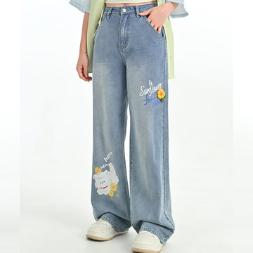 Summer Cartoon Puppy Print Blue High Waist Jeans