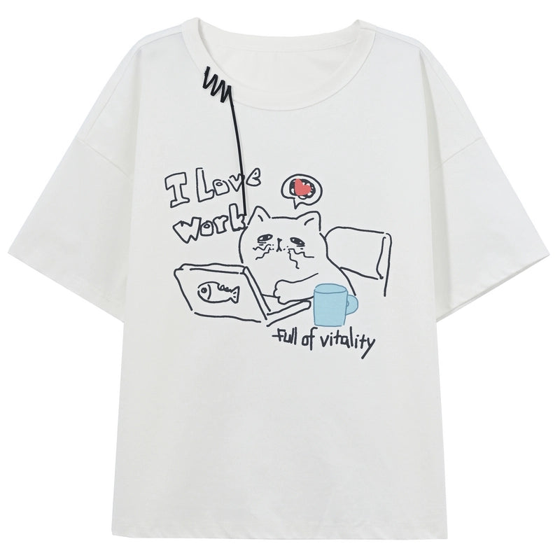 Summer Cute Style Cartoon Kitten Print Short-sleeved T-shirt