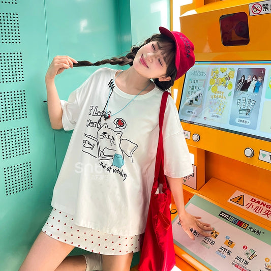 Summer Cute Style Cartoon Kitten Print Short-sleeved T-shirt