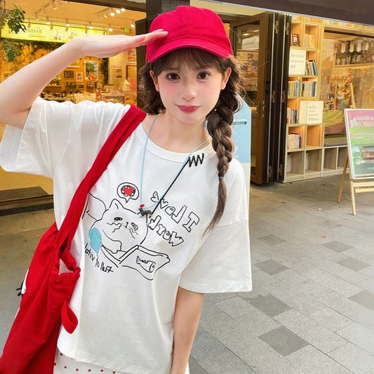 Summer Cute Style Cartoon Kitten Print Short-sleeved T-shirt