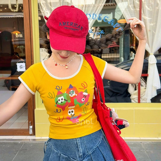 Summer Dopamine Style Yellow Lace T-shirt