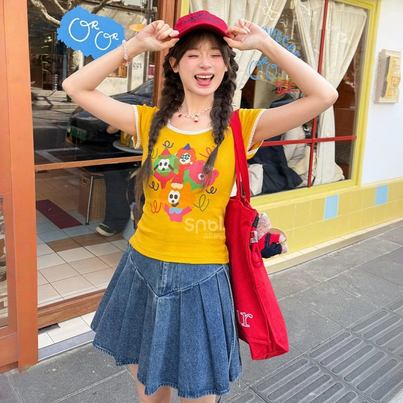 Summer Dopamine Style Yellow Lace T-shirt
