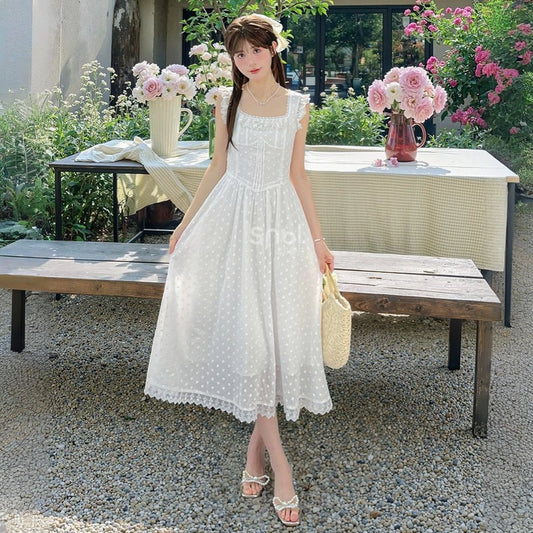 Summer French White Square Neck Lace Dress