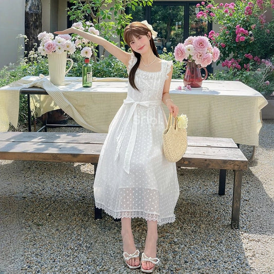 Summer French White Square Neck Lace Dress