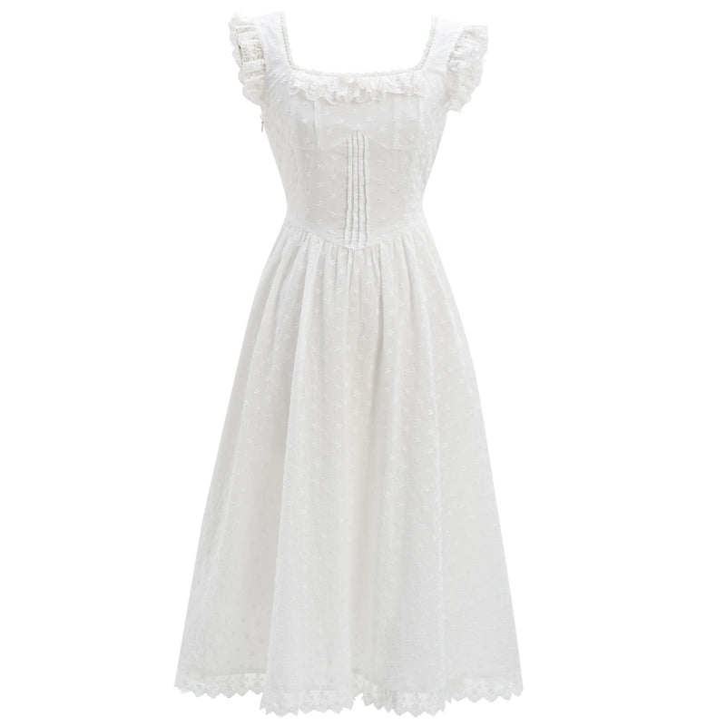 Summer French White Square Neck Lace Dress