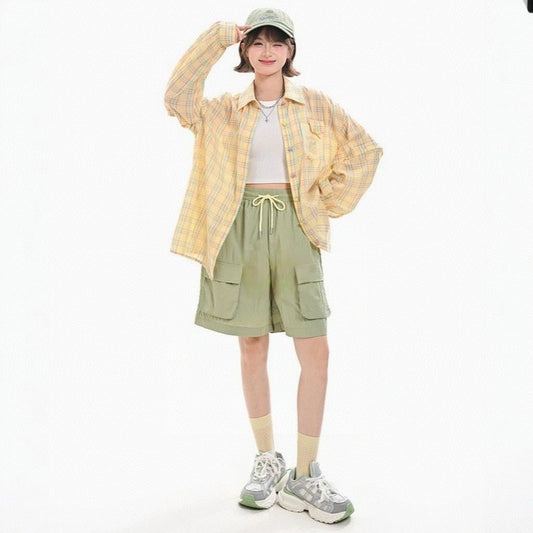 Summer Green Solid Color High Waist Work Shorts