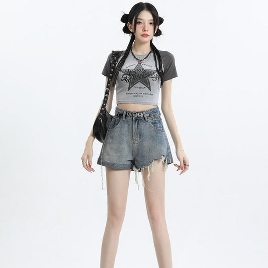 Summer High Waist Irregular Ripped Denim Shorts