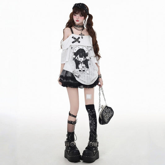 Summer Japanese Cartoon Girl Print Off-Shoulder T-shirt