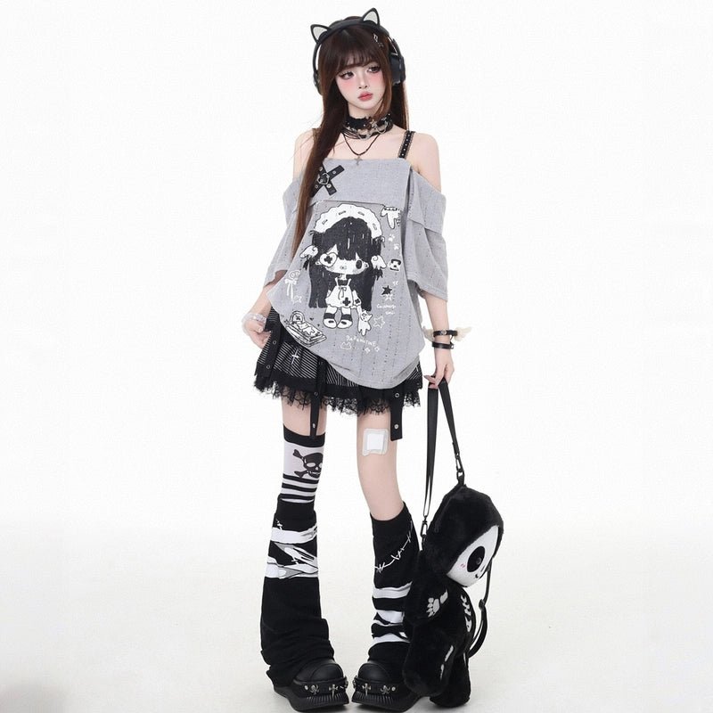 Summer Japanese Cartoon Girl Print Off-Shoulder T-shirt