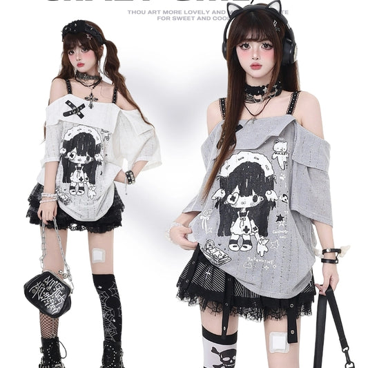 Summer Japanese Cartoon Girl Print Off-Shoulder T-shirt