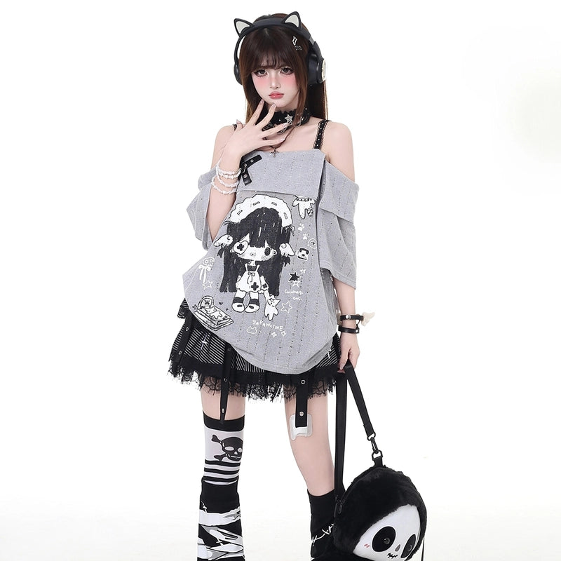 Summer Japanese Cartoon Girl Print Off-Shoulder T-shirt