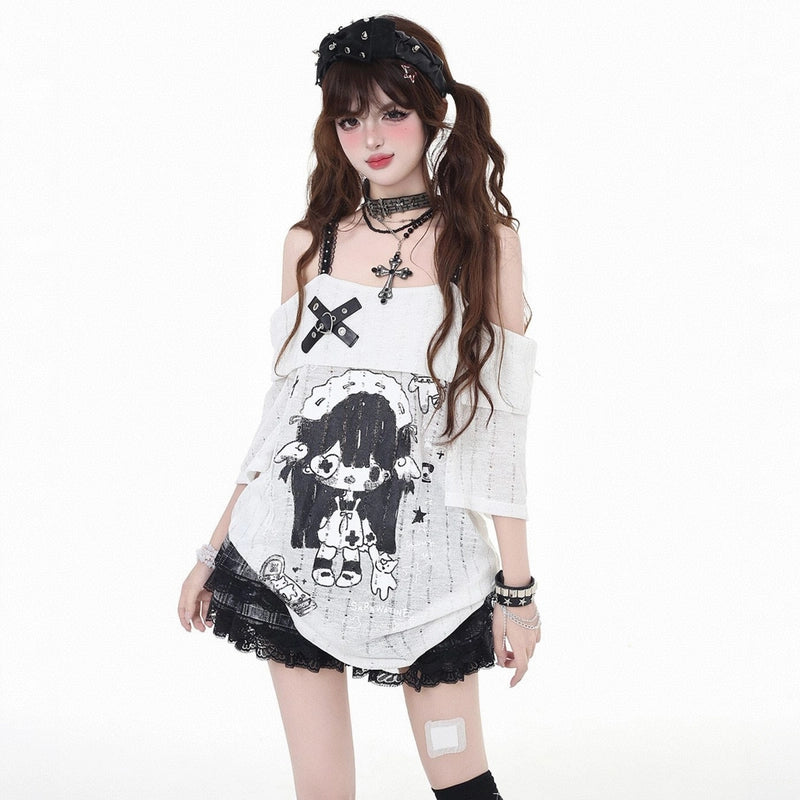 Summer Japanese Cartoon Girl Print Off-Shoulder T-shirt