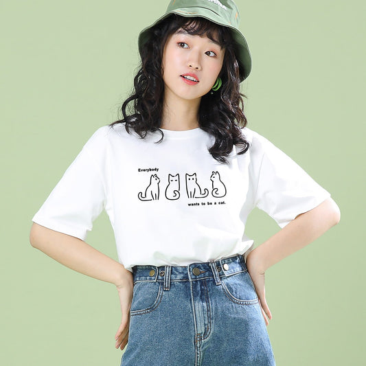 Summer Japanese Harajuku Style White Round Neck T-shirt