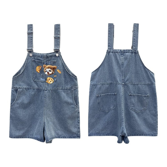 Summer Japanese Sweet Cool Girl Style Blue Cartoon Puppy Embroidered Overalls