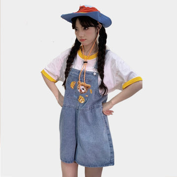 Summer Japanese Sweet Cool Girl Style Blue Cartoon Puppy Embroidered Overalls