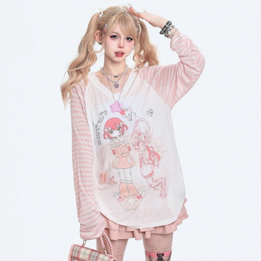 Summer Korean Style Cartoon Girl Print Long-Sleeved T-shirt