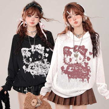 Summer Lazy Style Hello Kitty Graffiti Print Hooded Coat