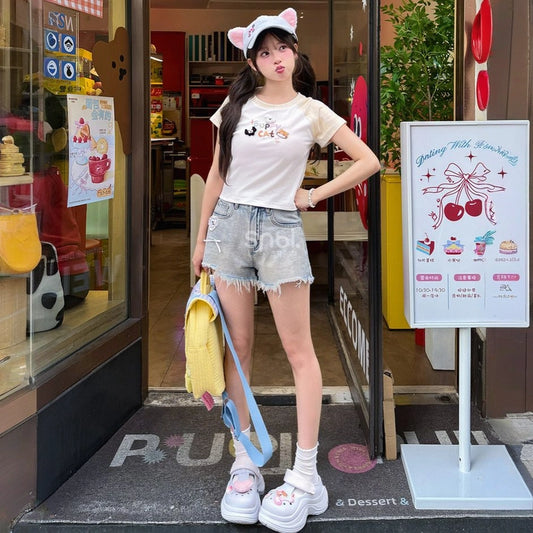 Summer Retro All-match Style Blue Bow Decorated Denim Shorts
