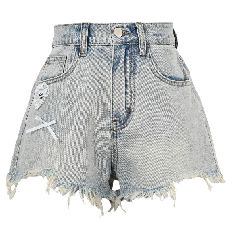 Summer Retro All-match Style Blue Bow Decorated Denim Shorts