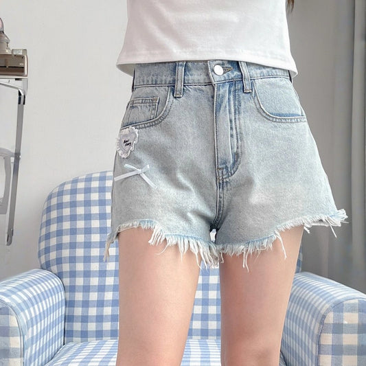 Summer Retro All-match Style Blue Bow Decorated Denim Shorts