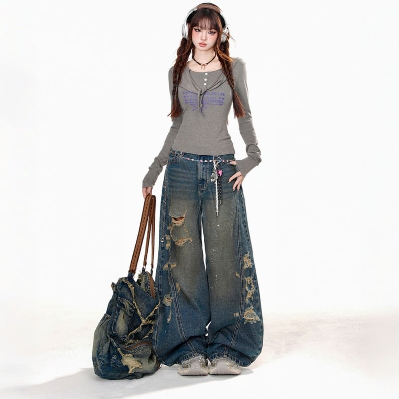 Summer Retro Straight-Leg Ripped Jeans
