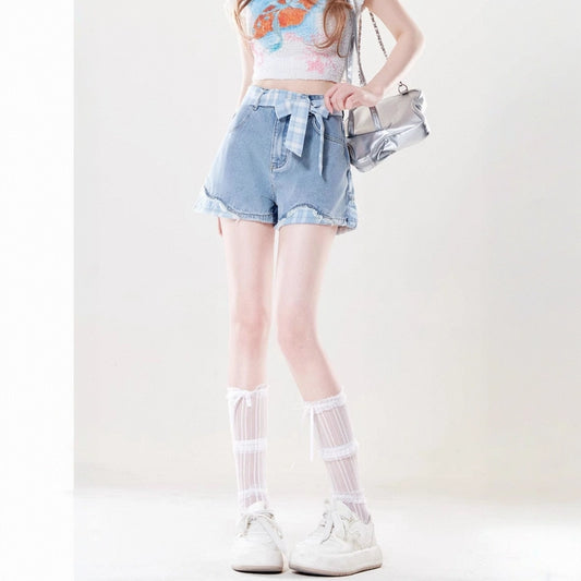 Summer Retro Style Blue Bow Tie Denim Shorts