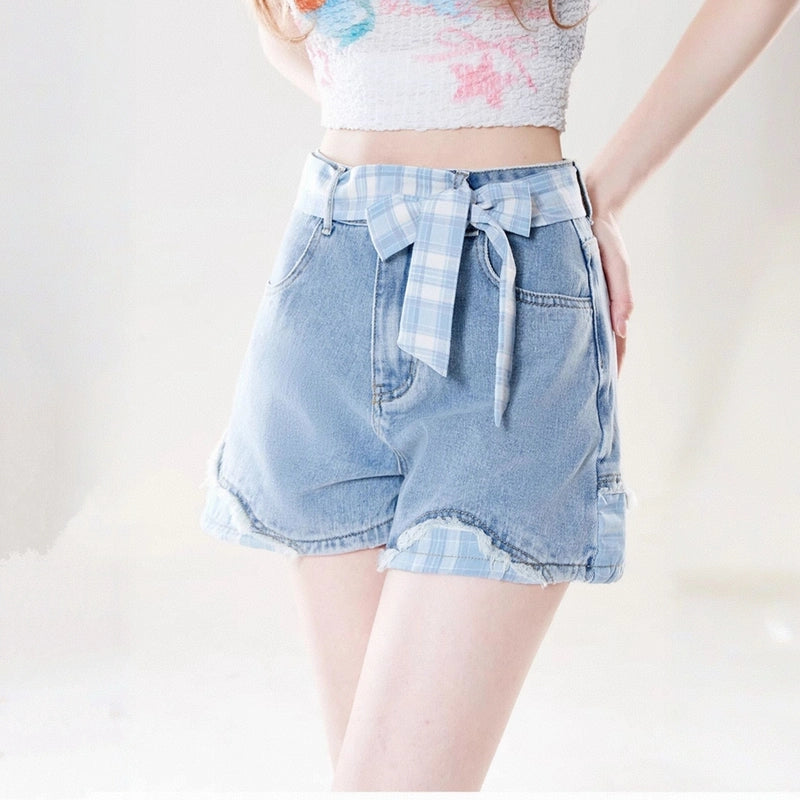 Summer Retro Style Blue Bow Tie Denim Shorts