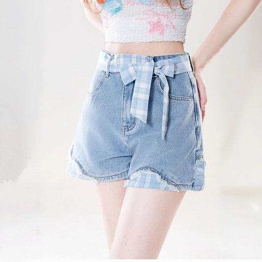 Summer Retro Style Blue Bow Tie Denim Shorts