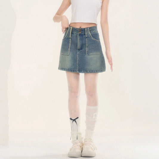 Summer Retro Style Blue High Waist Jeans Skirt