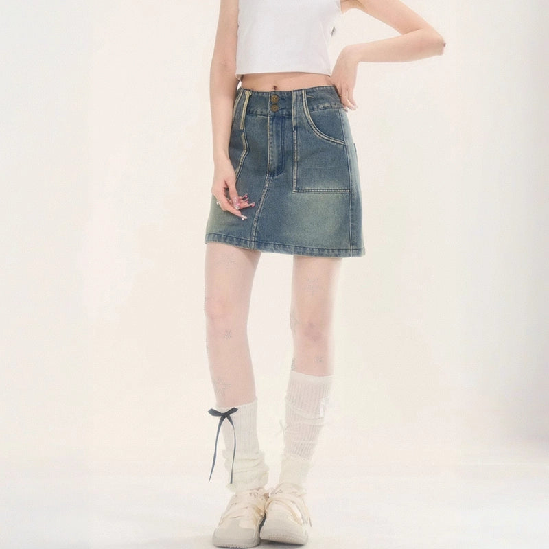 Summer Retro Style Blue High Waist Jeans Skirt