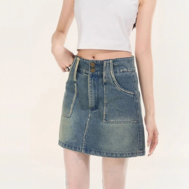 Summer Retro Style Blue High Waist Jeans Skirt