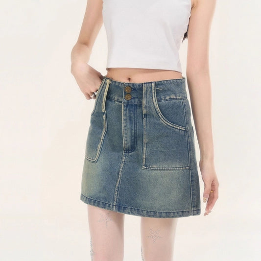 Summer Retro Style Blue High Waist Jeans Skirt