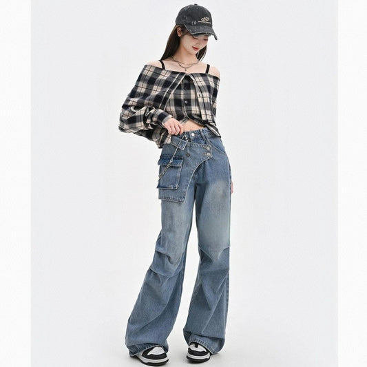 Summer Retro Style Blue Versatile Wide-leg Jeans