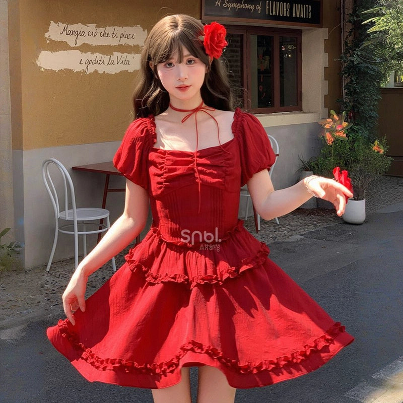 Summer Retro Style Red Puff Sleeve Dress